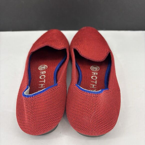 Rothys The Flat Loafer W6 Dark‎ Red Knit Halo Ballet Round Toe/Slip-On Blue Trim - Picture 3 of 16